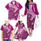 personalised-australia-breast-cancer-family-matching-off-shoulder-long-sleeve-dress-and-hawaiian-shirt-indigenous-butterfly-no-one-fights-alone