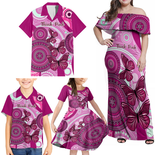 personalised-australia-breast-cancer-family-matching-off-shoulder-maxi-dress-and-hawaiian-shirt-indigenous-butterfly-no-one-fights-alone