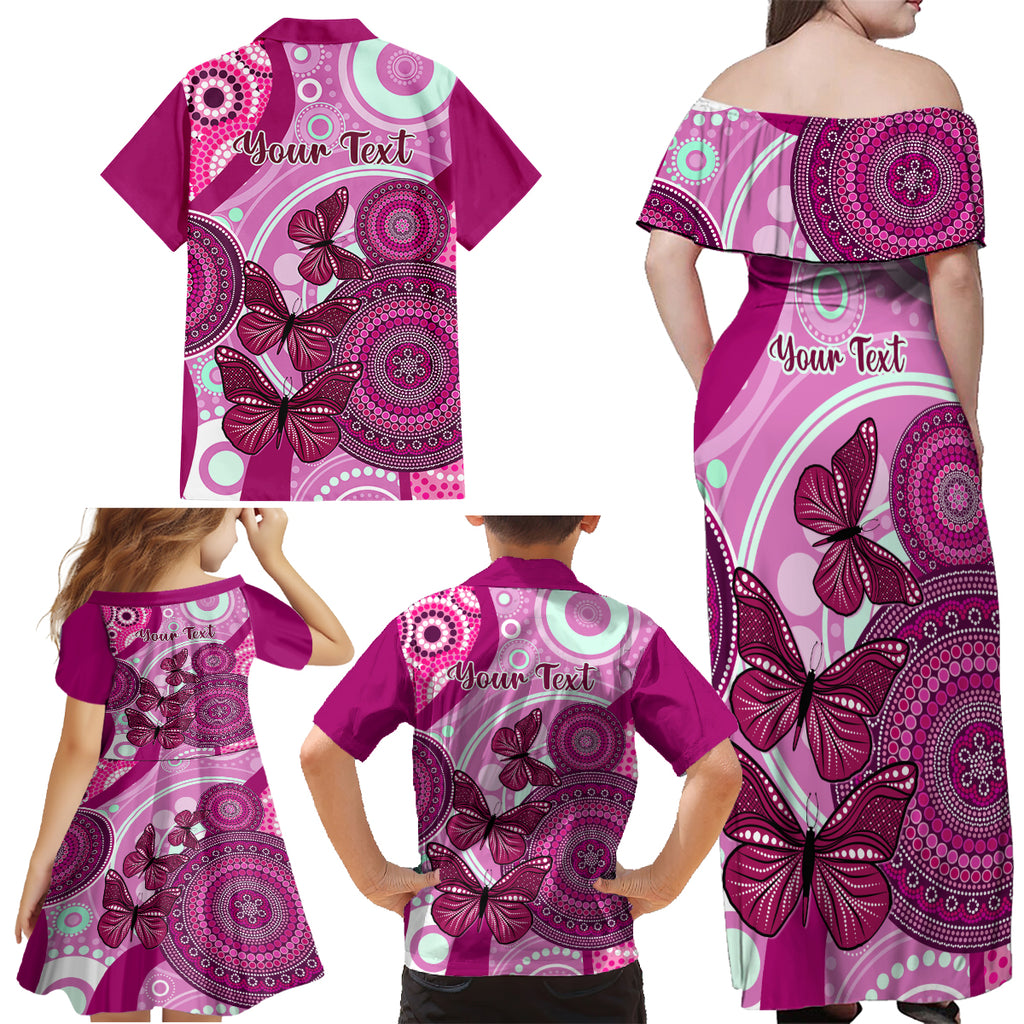 personalised-australia-breast-cancer-family-matching-off-shoulder-maxi-dress-and-hawaiian-shirt-indigenous-butterfly-no-one-fights-alone