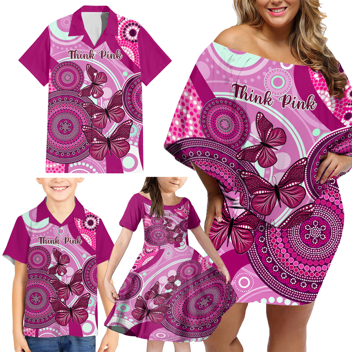 personalised-australia-breast-cancer-family-matching-off-shoulder-short-dress-and-hawaiian-shirt-indigenous-butterfly-no-one-fights-alone