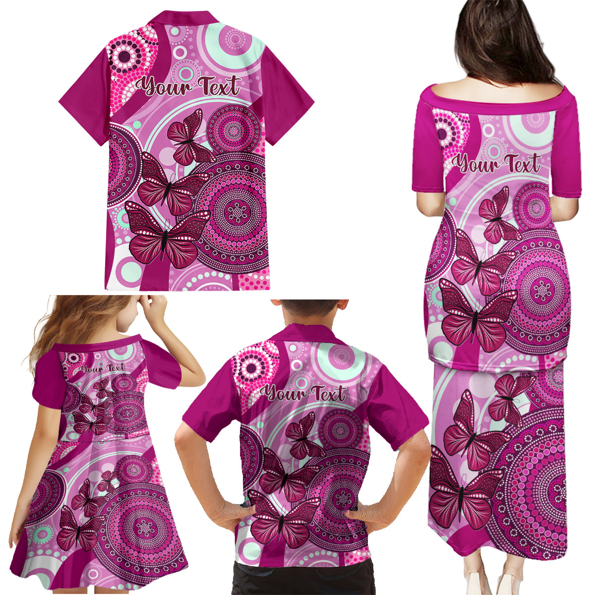 personalised-australia-breast-cancer-family-matching-puletasi-dress-and-hawaiian-shirt-indigenous-butterfly-no-one-fights-alone