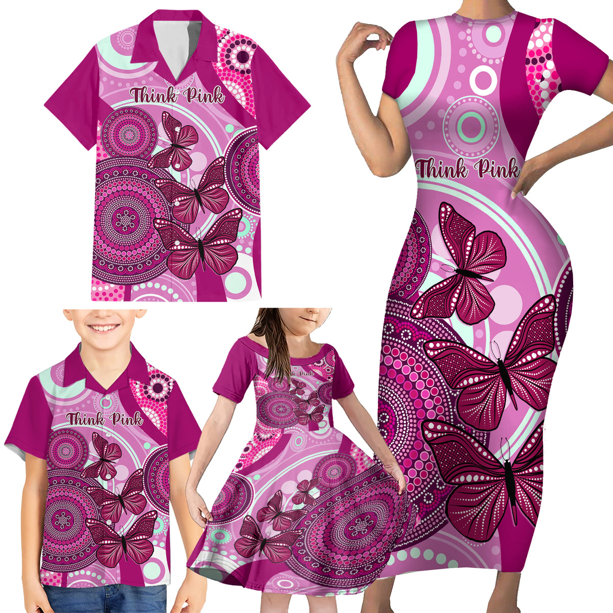 personalised-australia-breast-cancer-family-matching-short-sleeve-bodycon-dress-and-hawaiian-shirt-indigenous-butterfly-no-one-fights-alone