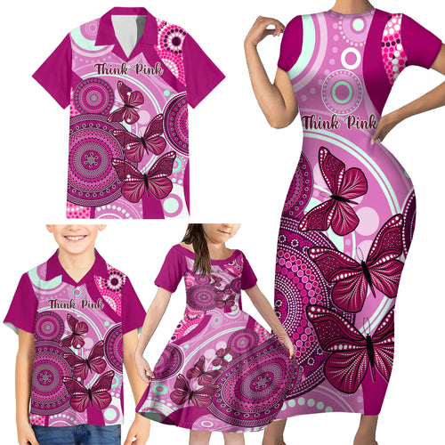 personalised-australia-breast-cancer-family-matching-short-sleeve-bodycon-dress-and-hawaiian-shirt-indigenous-butterfly-no-one-fights-alone