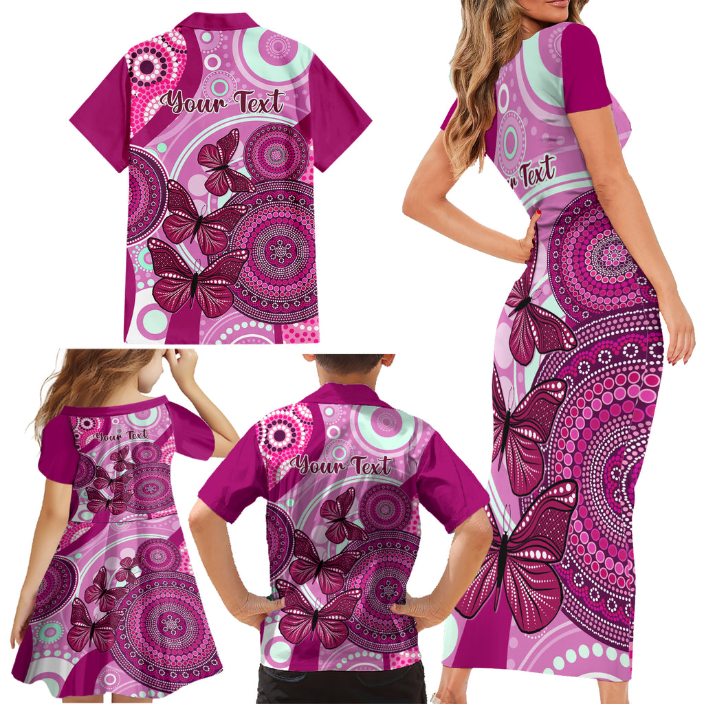 personalised-australia-breast-cancer-family-matching-short-sleeve-bodycon-dress-and-hawaiian-shirt-indigenous-butterfly-no-one-fights-alone