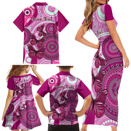 personalised-australia-breast-cancer-family-matching-short-sleeve-bodycon-dress-and-hawaiian-shirt-indigenous-butterfly-no-one-fights-alone