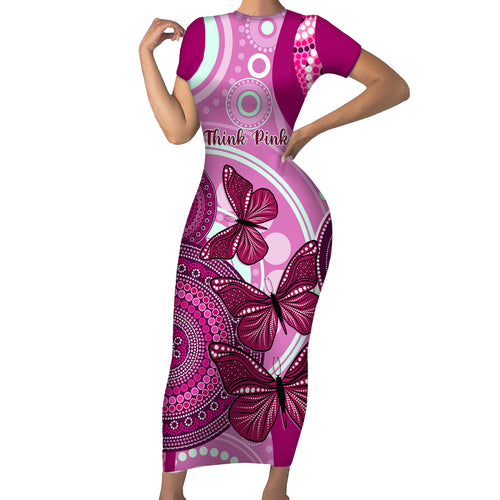 personalised-australia-breast-cancer-family-matching-short-sleeve-bodycon-dress-and-hawaiian-shirt-indigenous-butterfly-no-one-fights-alone