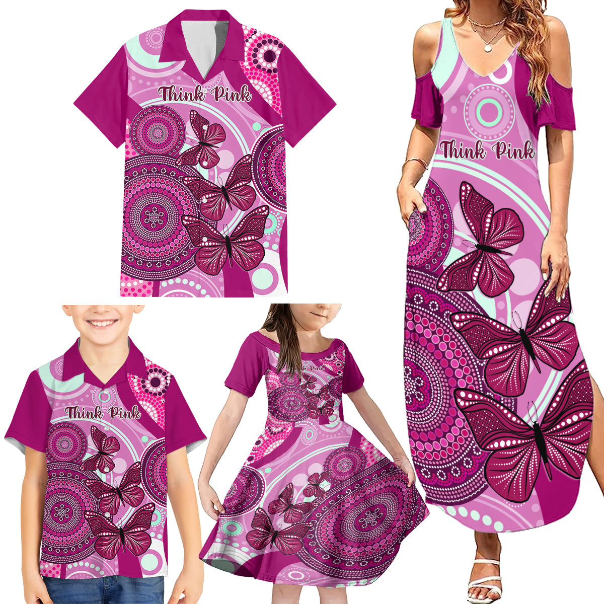 personalised-australia-breast-cancer-family-matching-summer-maxi-dress-and-hawaiian-shirt-indigenous-butterfly-no-one-fights-alone