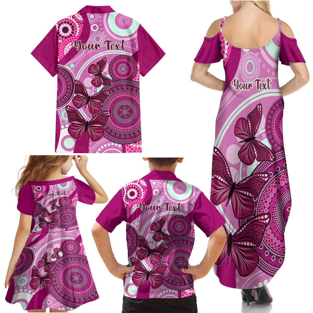 personalised-australia-breast-cancer-family-matching-summer-maxi-dress-and-hawaiian-shirt-indigenous-butterfly-no-one-fights-alone