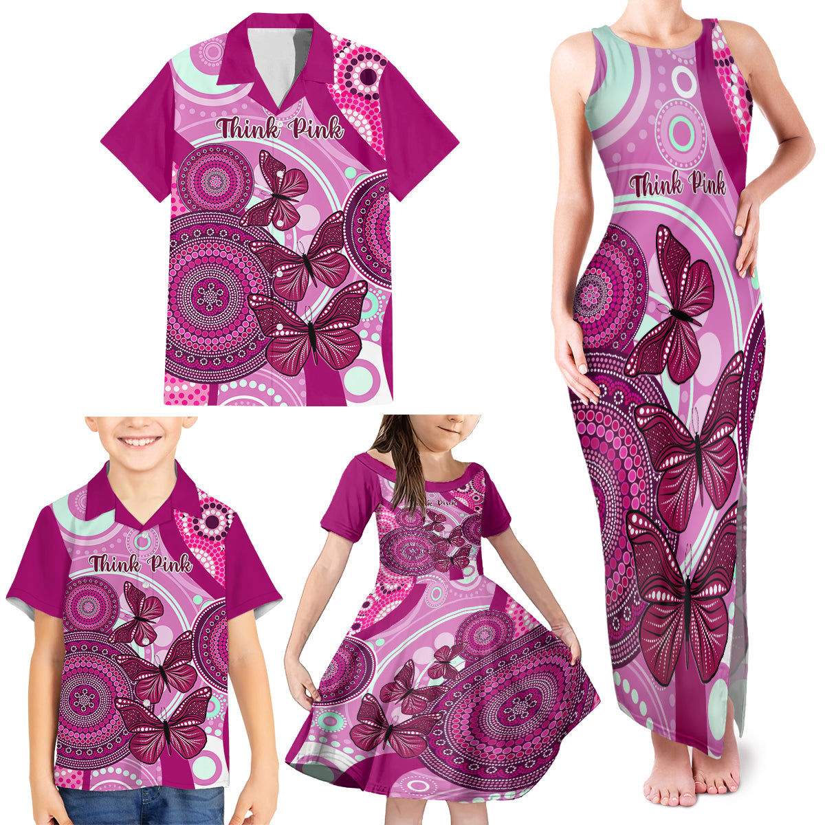 personalised-australia-breast-cancer-family-matching-tank-maxi-dress-and-hawaiian-shirt-indigenous-butterfly-no-one-fights-alone