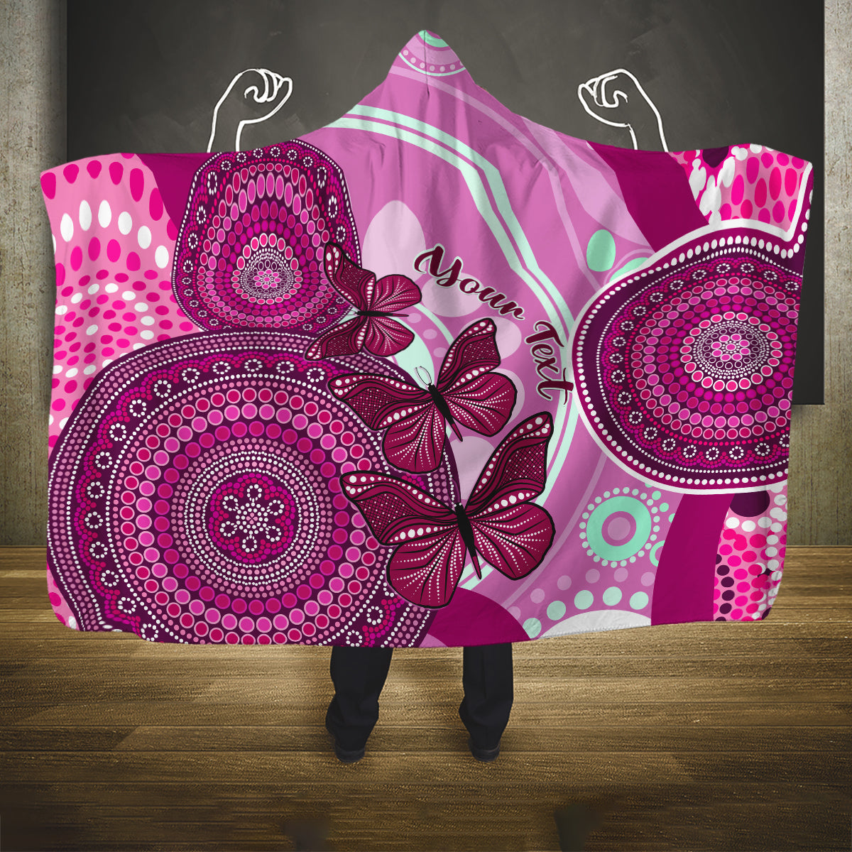 personalised-australia-breast-cancer-hooded-blanket-indigenous-butterfly-no-one-fights-alone