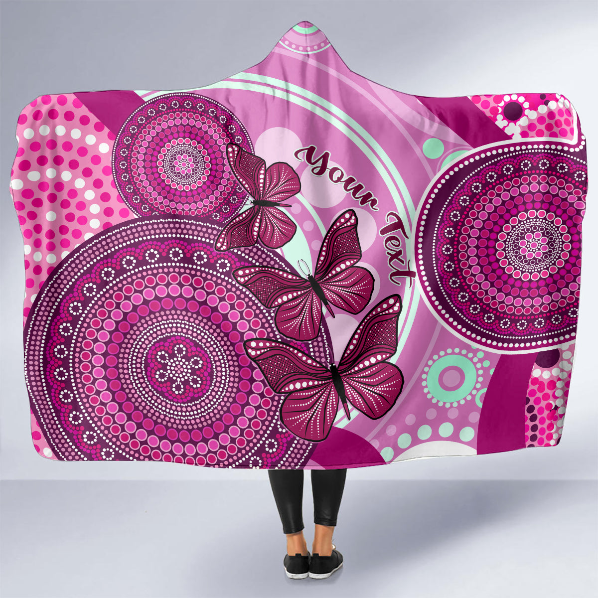 personalised-australia-breast-cancer-hooded-blanket-indigenous-butterfly-no-one-fights-alone