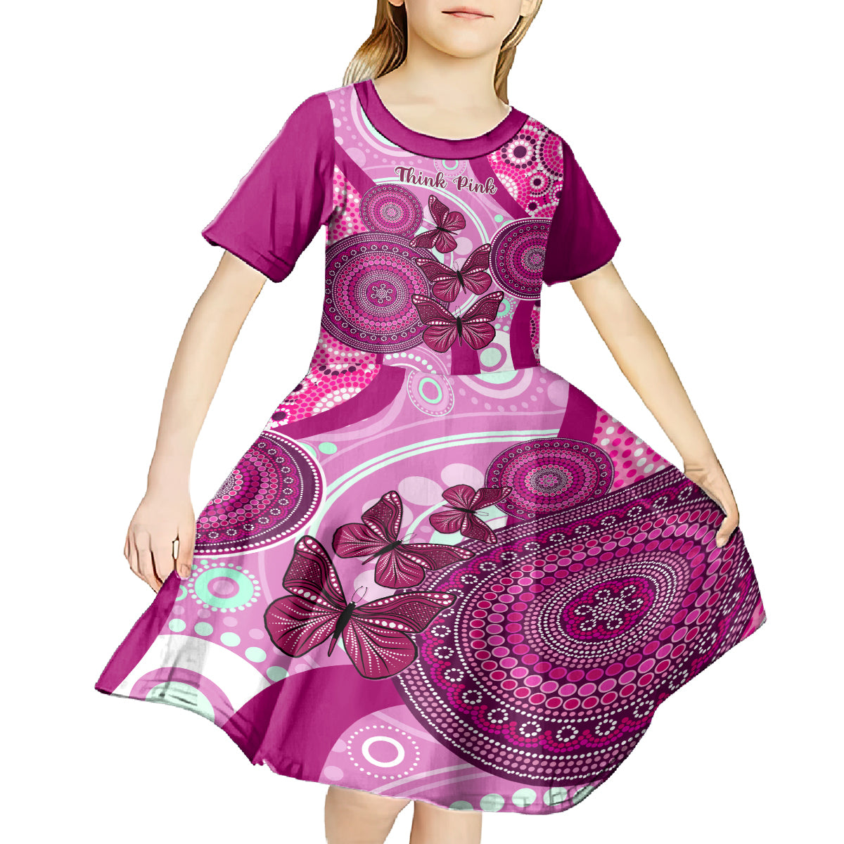 personalised-australia-breast-cancer-kid-short-sleeve-dress-indigenous-butterfly-no-one-fights-alone