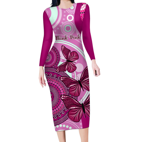 personalised-australia-breast-cancer-long-sleeve-bodycon-dress-indigenous-butterfly-no-one-fights-alone