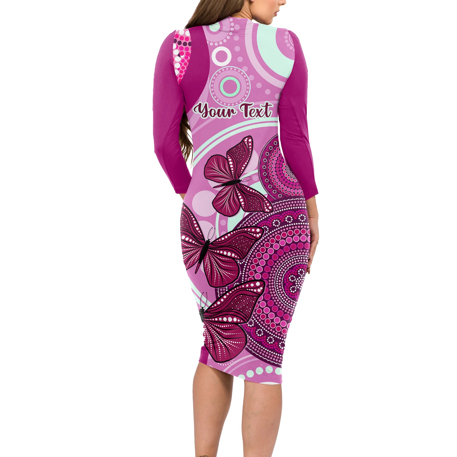 personalised-australia-breast-cancer-long-sleeve-bodycon-dress-indigenous-butterfly-no-one-fights-alone