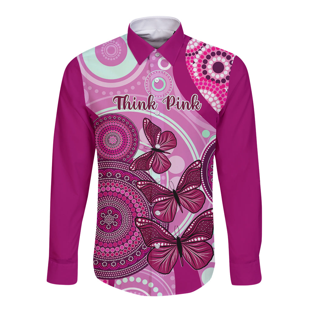 personalised-australia-breast-cancer-long-sleeve-button-shirt-indigenous-butterfly-no-one-fights-alone