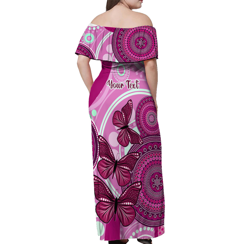 personalised-australia-breast-cancer-off-shoulder-maxi-dress-indigenous-butterfly-no-one-fights-alone