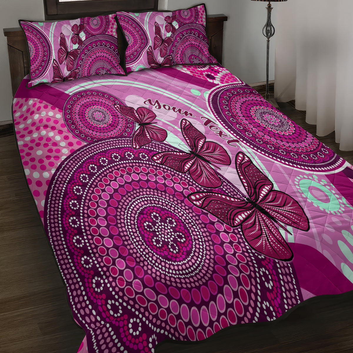 personalised-australia-breast-cancer-quilt-bed-set-indigenous-butterfly-no-one-fights-alone