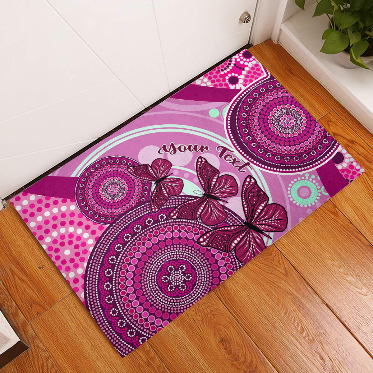 personalised-australia-breast-cancer-rubber-doormat-indigenous-butterfly-no-one-fights-alone