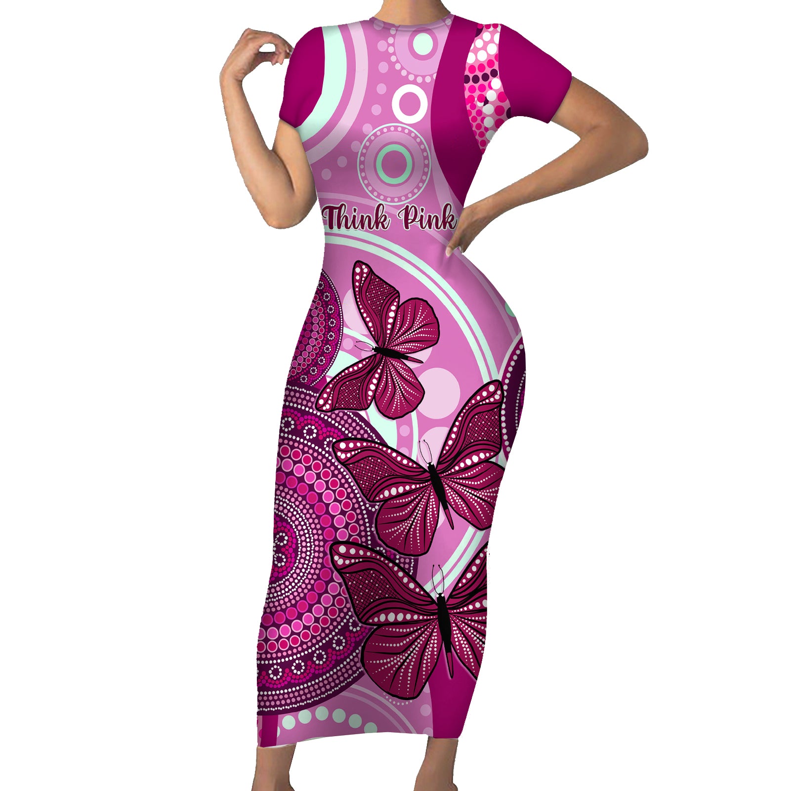 personalised-australia-breast-cancer-short-sleeve-bodycon-dress-indigenous-butterfly-no-one-fights-alone