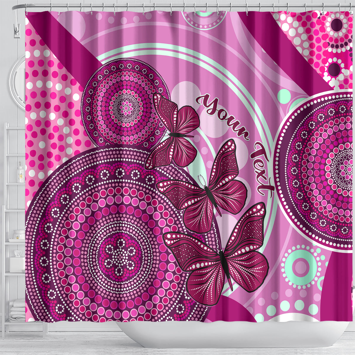 personalised-australia-breast-cancer-shower-curtain-indigenous-butterfly-no-one-fights-alone