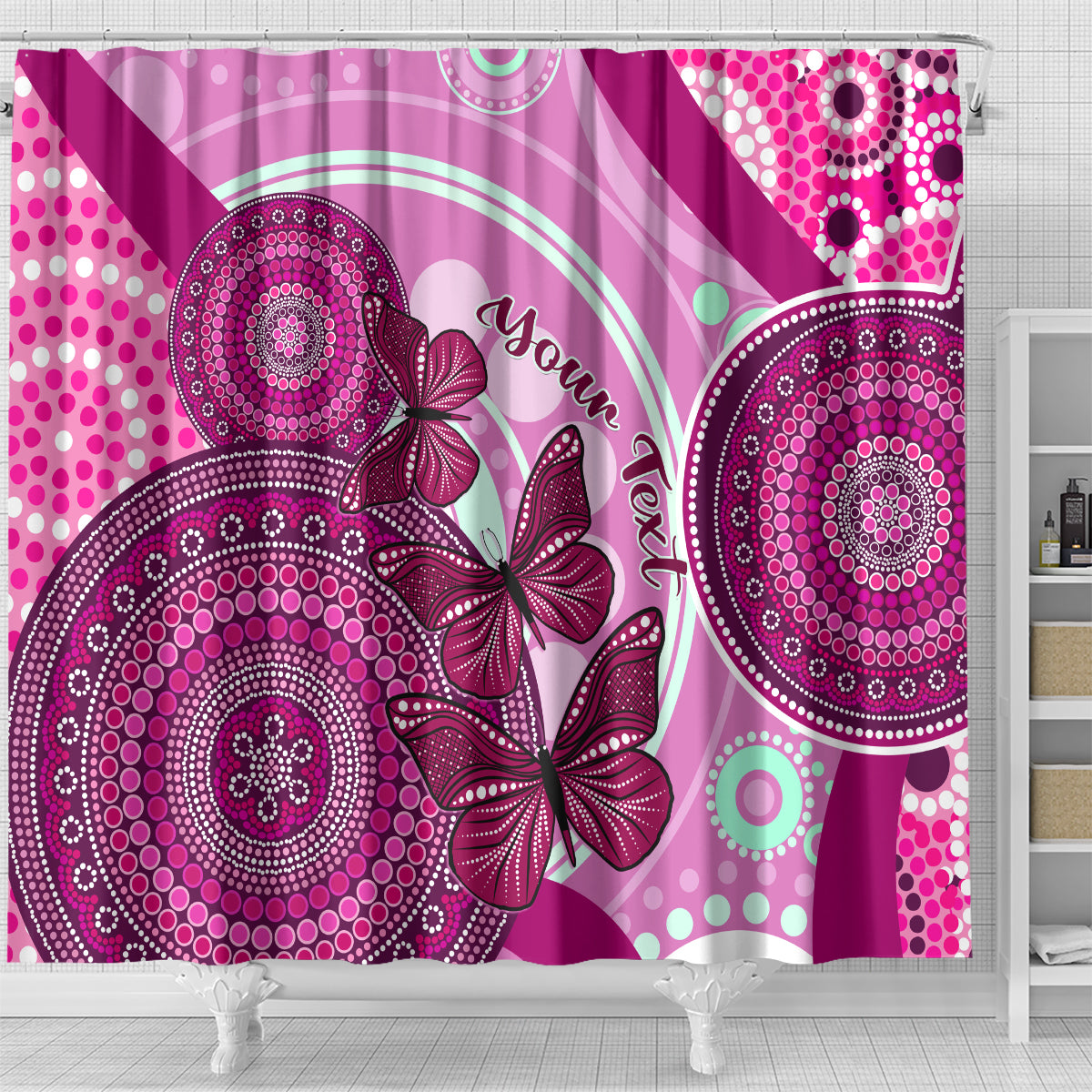 personalised-australia-breast-cancer-shower-curtain-indigenous-butterfly-no-one-fights-alone