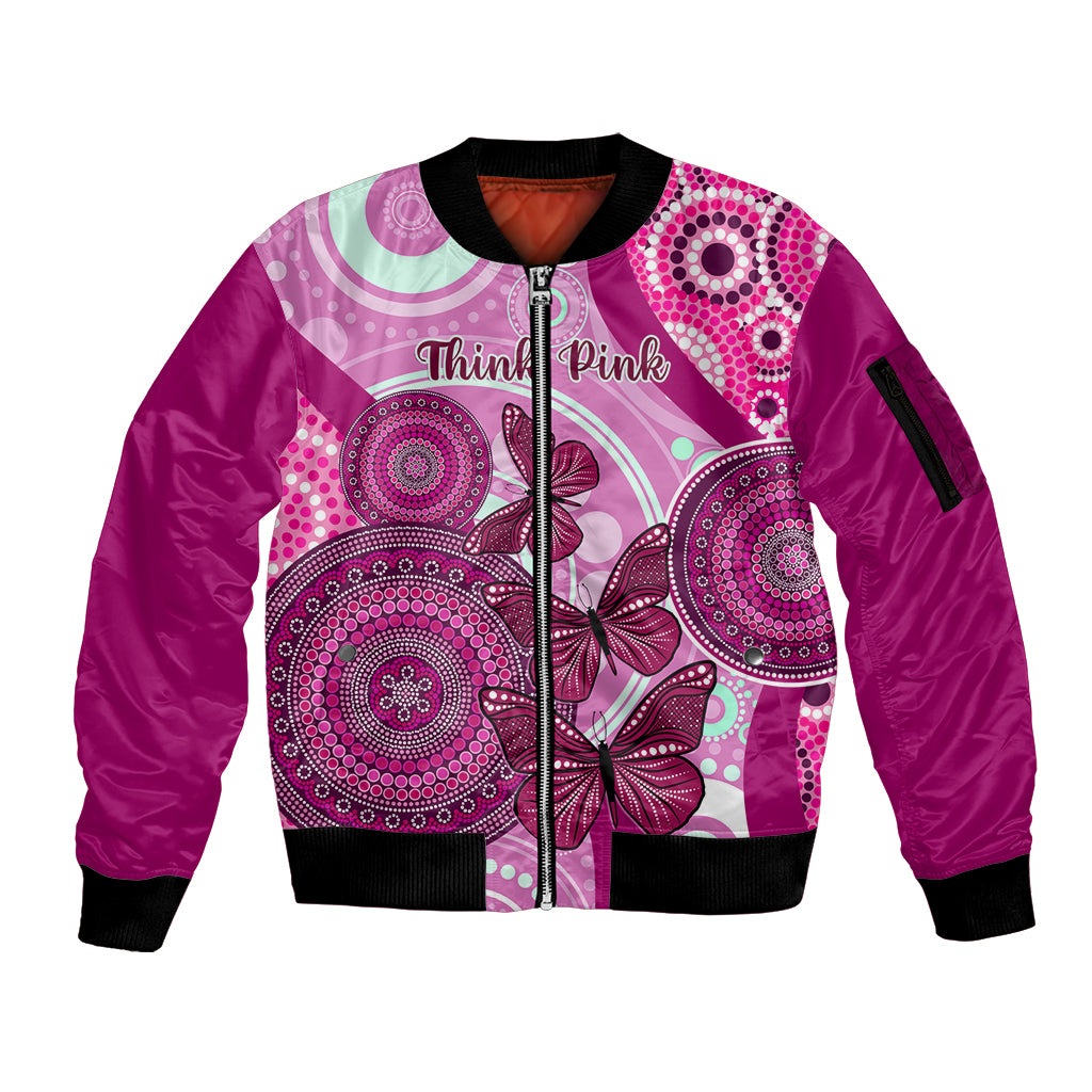 personalised-australia-breast-cancer-sleeve-zip-bomber-jacket-indigenous-butterfly-no-one-fights-alone