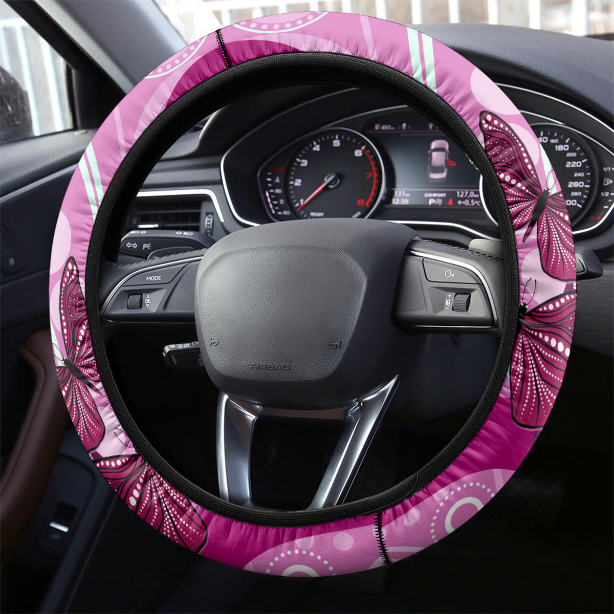Australia Breast Cancer Steering Wheel Cover Indigenous Butterfly No One Fights Alone