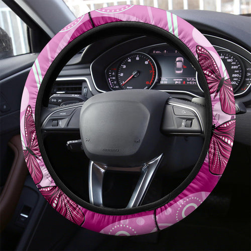 Australia Breast Cancer Steering Wheel Cover Indigenous Butterfly No One Fights Alone