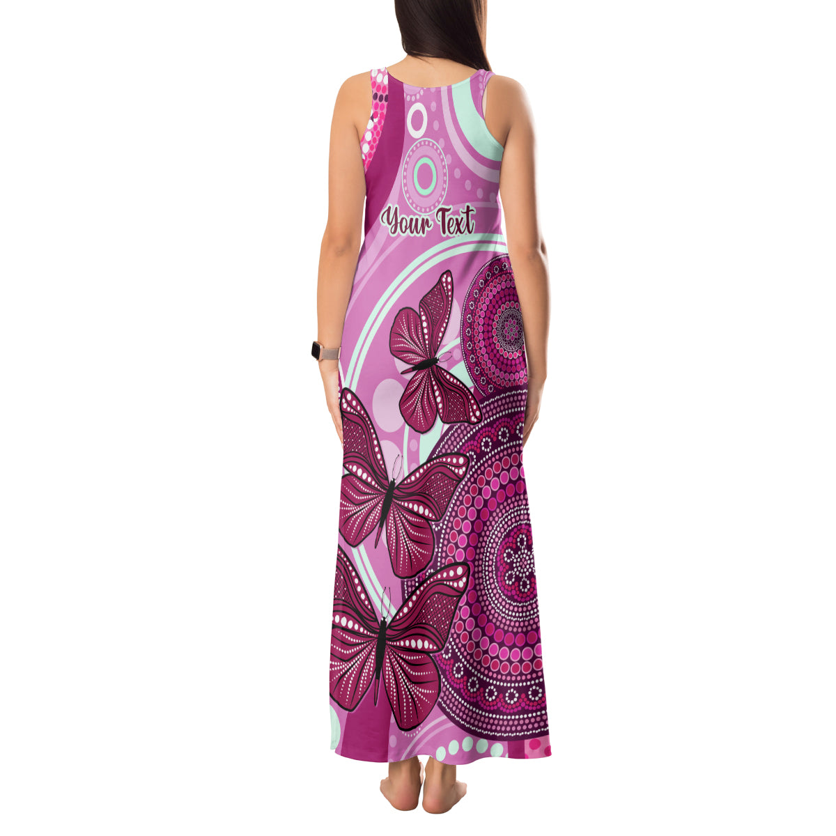 personalised-australia-breast-cancer-tank-maxi-dress-indigenous-butterfly-no-one-fights-alone
