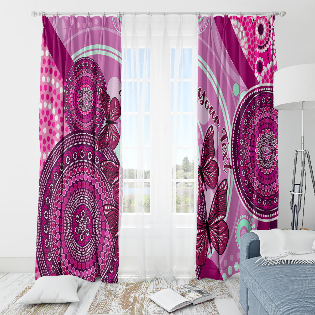 personalised-australia-breast-cancer-window-curtain-indigenous-butterfly-no-one-fights-alone