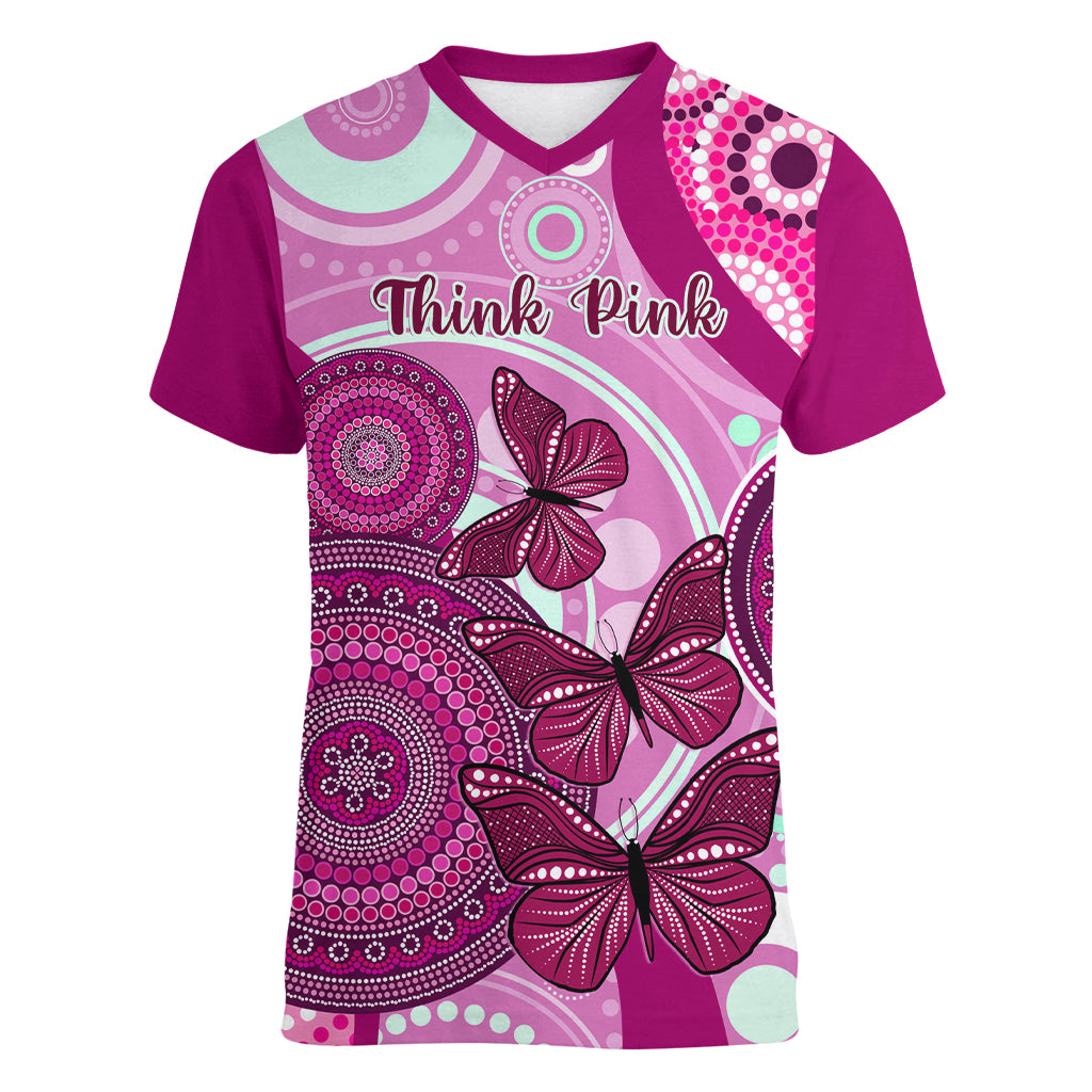 personalised-australia-breast-cancer-women-v-neck-t-shirt-indigenous-butterfly-no-one-fights-alone