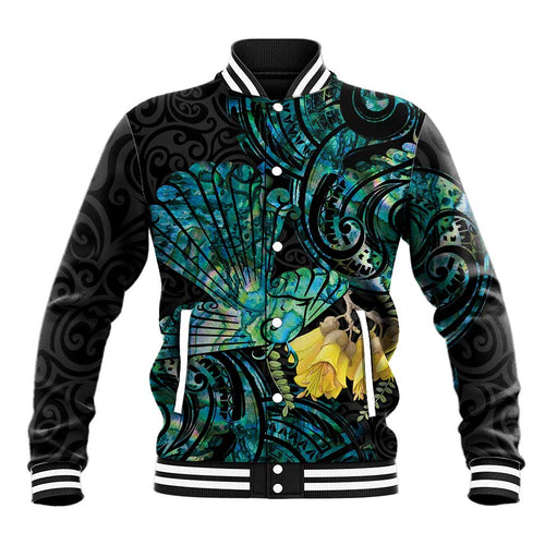 New Zealand Fantail Bird Baseball Jacket Maori Piwakawaka Kowhai - Paua Shell Pattern