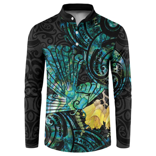 New Zealand Fantail Bird Button Sweatshirt Maori Piwakawaka Kowhai - Paua Shell Pattern