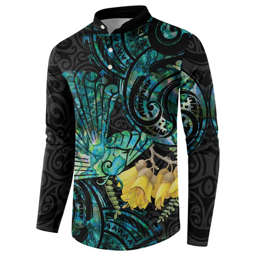 New Zealand Fantail Bird Button Sweatshirt Maori Piwakawaka Kowhai - Paua Shell Pattern