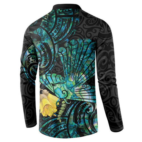 New Zealand Fantail Bird Button Sweatshirt Maori Piwakawaka Kowhai - Paua Shell Pattern