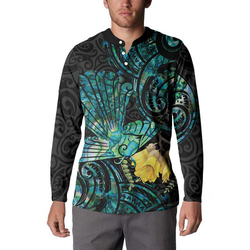 New Zealand Fantail Bird Button Sweatshirt Maori Piwakawaka Kowhai - Paua Shell Pattern