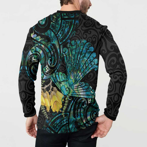 New Zealand Fantail Bird Button Sweatshirt Maori Piwakawaka Kowhai - Paua Shell Pattern