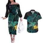 New Zealand Fantail Bird Couples Matching Off The Shoulder Long Sleeve Dress and Hawaiian Shirt Maori Piwakawaka Kowhai - Paua Shell Pattern