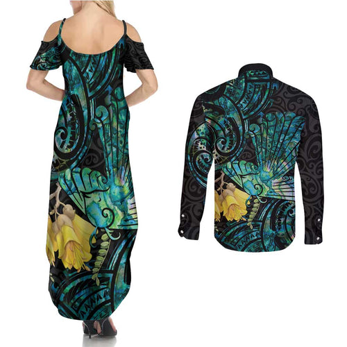 New Zealand Fantail Bird Couples Matching Summer Maxi Dress and Long Sleeve Button Shirt Maori Piwakawaka Kowhai - Paua Shell Pattern