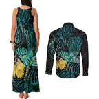 New Zealand Fantail Bird Couples Matching Tank Maxi Dress and Long Sleeve Button Shirt Maori Piwakawaka Kowhai - Paua Shell Pattern