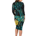 New Zealand Fantail Bird Family Matching Long Sleeve Bodycon Dress and Hawaiian Shirt Maori Piwakawaka Kowhai - Paua Shell Pattern