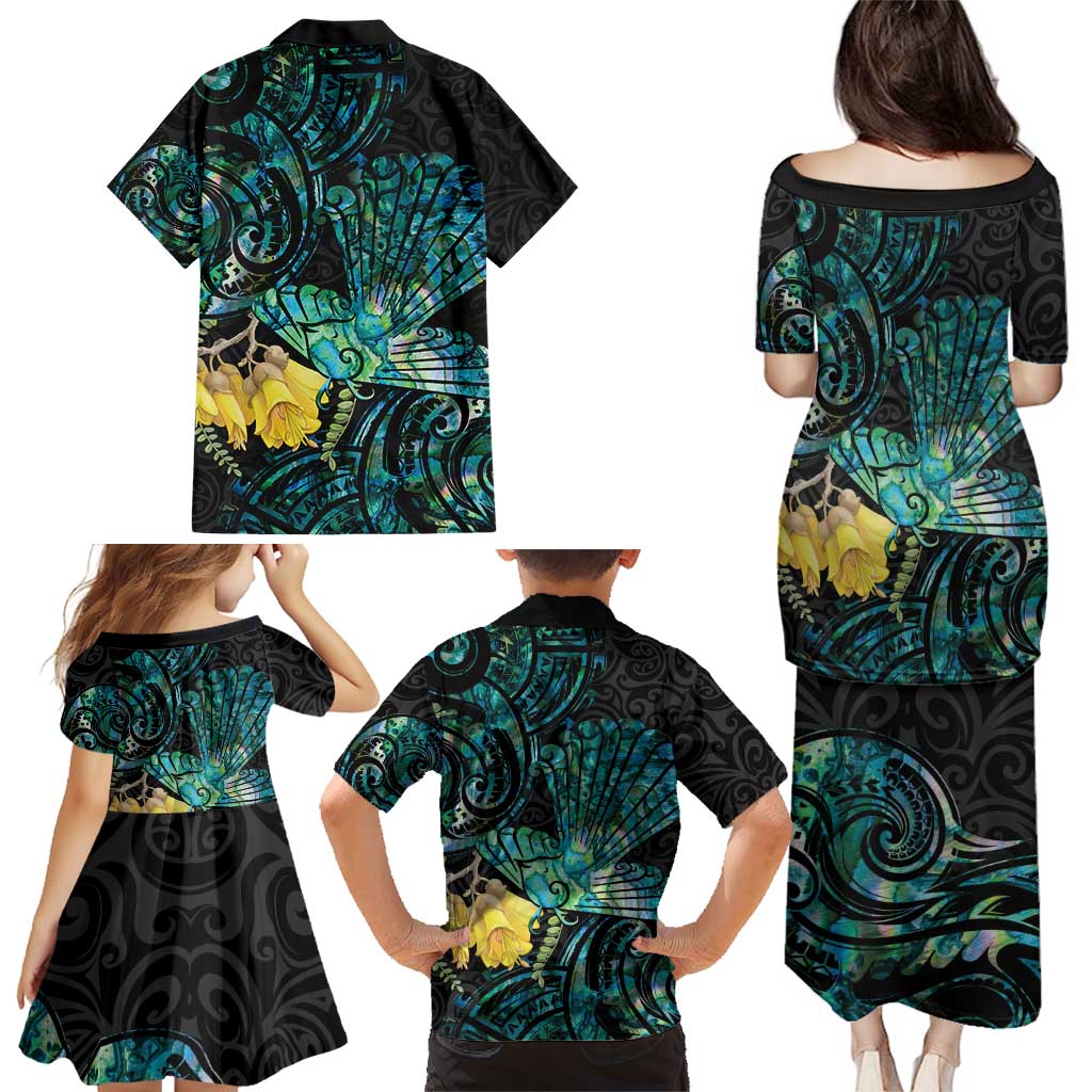 New Zealand Fantail Bird Family Matching Puletasi and Hawaiian Shirt Maori Piwakawaka Kowhai - Paua Shell Pattern