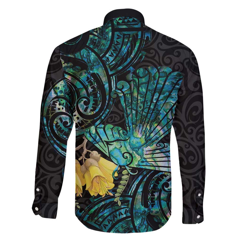 New Zealand Fantail Bird Family Matching Puletasi and Hawaiian Shirt Maori Piwakawaka Kowhai - Paua Shell Pattern