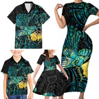 New Zealand Fantail Bird Family Matching Short Sleeve Bodycon Dress and Hawaiian Shirt Maori Piwakawaka Kowhai - Paua Shell Pattern