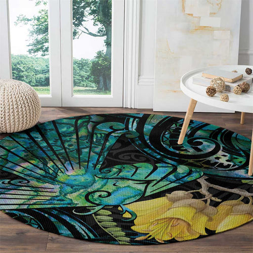 New Zealand Fantail Bird Round Carpet Maori Piwakawaka Kowhai - Paua Shell Pattern