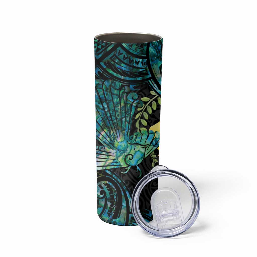 New Zealand Fantail Bird Skinny Tumbler Maori Piwakawaka Kowhai - Paua Shell Pattern
