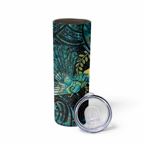 New Zealand Fantail Bird Skinny Tumbler Maori Piwakawaka Kowhai - Paua Shell Pattern