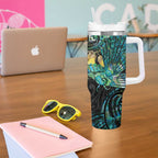 New Zealand Fantail Bird Tumbler With Handle Maori Piwakawaka Kowhai - Paua Shell Pattern