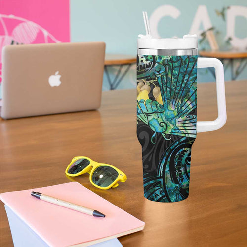 New Zealand Fantail Bird Tumbler With Handle Maori Piwakawaka Kowhai - Paua Shell Pattern