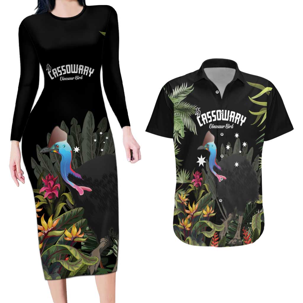 Personalised Australia Cassowary Couples Matching Long Sleeve Bodycon Dress and Hawaiian Shirt Dinosaur Bird - Rainforest Vibes